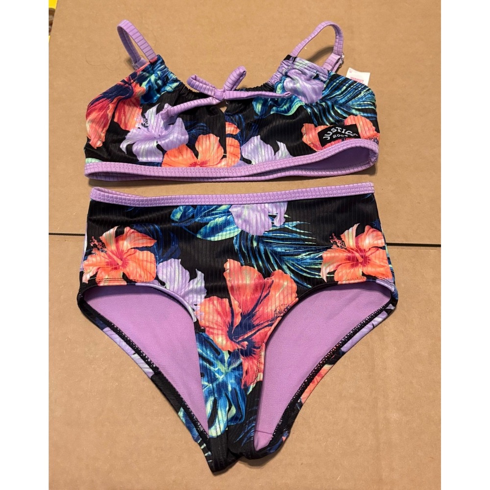 Justice 3-Piece Swimsuit Kids XS 5/6 Black Floral Good Ribbed Tropical Set